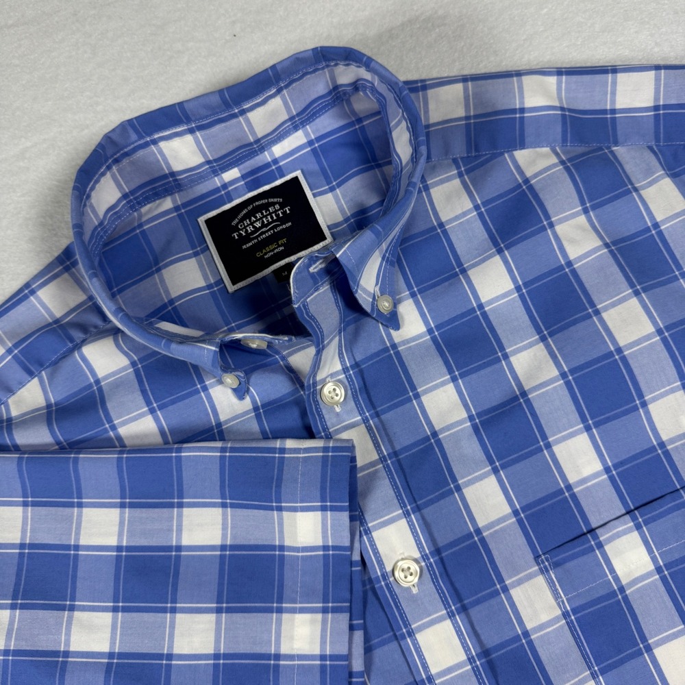 Charles Tyrwhitt Shirt Mens Medium Blue White Check Non-Iron Classic Fit SS BD